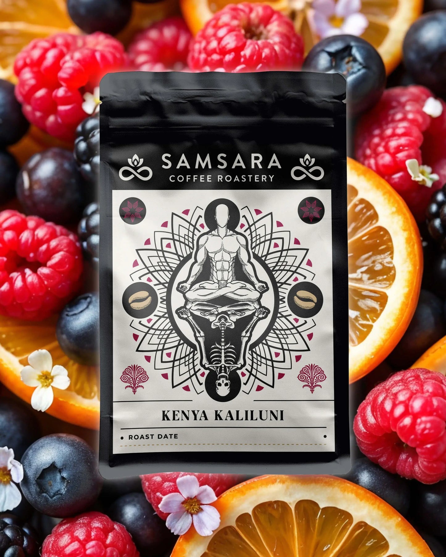 Compozitie artistica cafea Samsara Kenia Kaliluni cu fructe